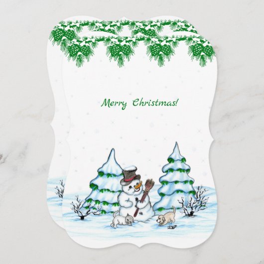 Vrolijk kerstfeest! Snowman met kat en puppy Kaart (Voorkant / Achterkant)