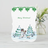 Vrolijk kerstfeest! Snowman met kat en puppy Kaart (Staand voorkant)