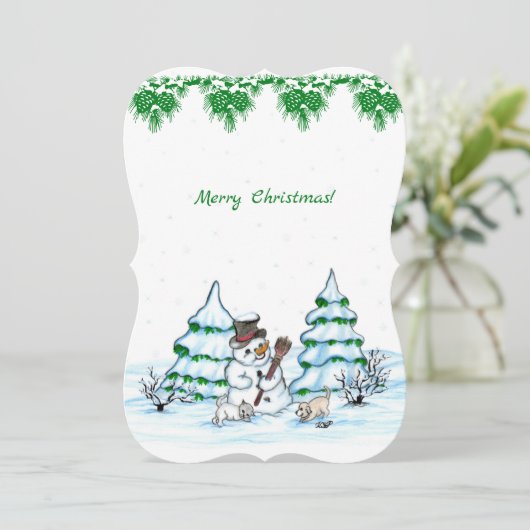 Vrolijk kerstfeest! Snowman met kat en puppy Kaart (Staand voorkant)