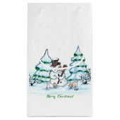 Vrolijk kerstfeest! Snowman met kat en puppy Klein Cadeauzakje (Achterkant)