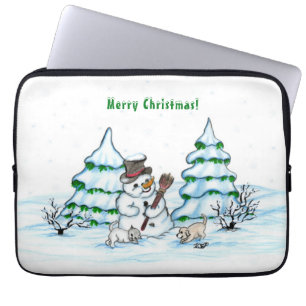 Vrolijk kerstfeest! Snowman met kat en puppy Laptop Sleeve