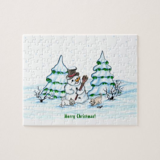 Vrolijk kerstfeest! Snowman met kat en puppy Legpuzzel (Horizontaal)