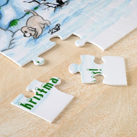 Vrolijk kerstfeest! Snowman met kat en puppy Legpuzzel (Zijkant)