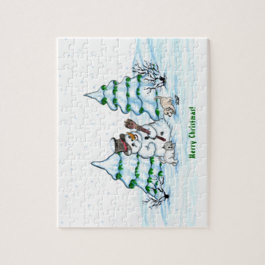 Vrolijk kerstfeest! Snowman met kat en puppy Legpuzzel (Verticaal)