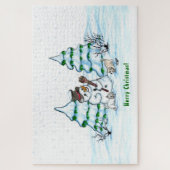 Vrolijk kerstfeest! Snowman met kat en puppy Legpuzzel (Verticaal)