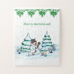 Vrolijk kerstfeest! Snowman met kat en puppy Legpuzzel