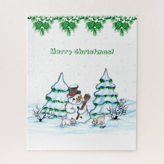 Vrolijk kerstfeest! Snowman met kat en puppy Legpuzzel (Verticaal)