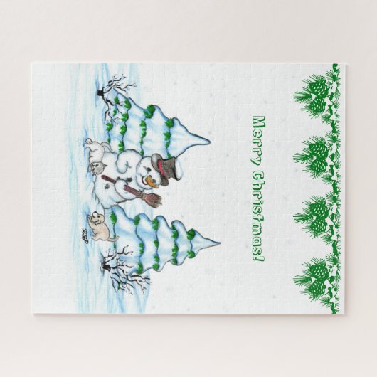 Vrolijk kerstfeest! Snowman met kat en puppy Legpuzzel (Horizontaal)