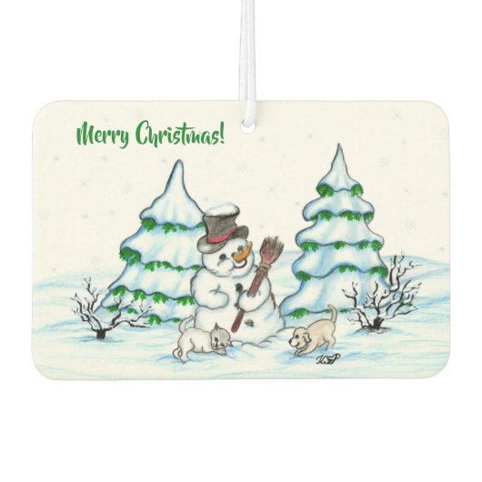 Vrolijk kerstfeest! Snowman met kat en puppy Luchtverfrisser (Voorkant)