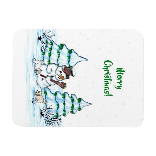 Vrolijk kerstfeest! Snowman met kat en puppy Magneet (Horizontaal)