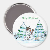 Vrolijk kerstfeest! Snowman met kat en puppy Magneet (Voorkant / Achterkant)