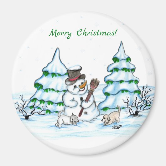 Vrolijk kerstfeest! Snowman met kat en puppy Magneet (Voorkant)