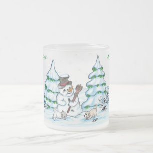 Vrolijk kerstfeest! Snowman met kat en puppy Matglas Koffiemok