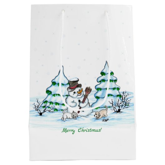 Vrolijk kerstfeest! Snowman met kat en puppy Medium Cadeauzakje (Achterkant)