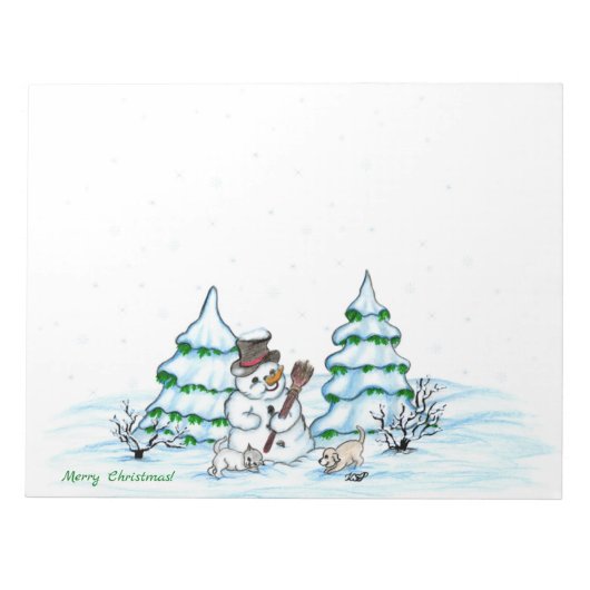 Vrolijk kerstfeest! Snowman met kat en puppy Notitieblok (Voorkant)