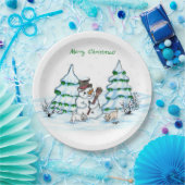 Vrolijk kerstfeest! Snowman met kat en puppy Papieren Bordje (Feest)