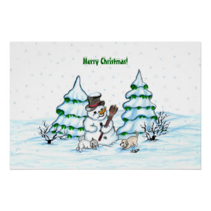 Vrolijk kerstfeest! Snowman met kat en puppy Perfect Poster