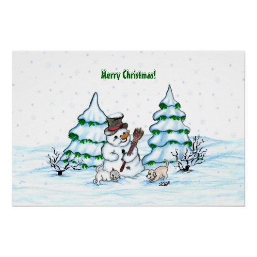 Vrolijk kerstfeest! Snowman met kat en puppy Perfect Poster (Voorkant)