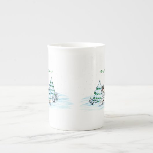 Vrolijk kerstfeest! Snowman met kat en puppy Porselein Kop (Voorkant)