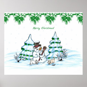 Vrolijk kerstfeest! Snowman met kat en puppy Poster