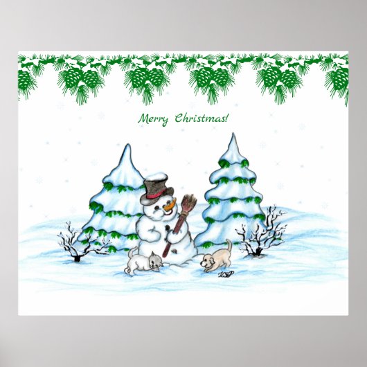 Vrolijk kerstfeest! Snowman met kat en puppy Poster (Voorkant)