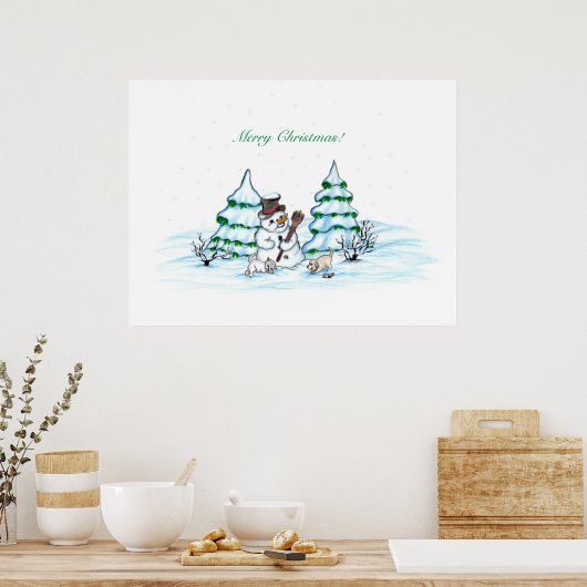 Vrolijk kerstfeest! Snowman met kat en puppy Poster (Keuken)