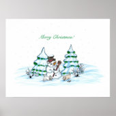 Vrolijk kerstfeest! Snowman met kat en puppy Poster (Voorkant)