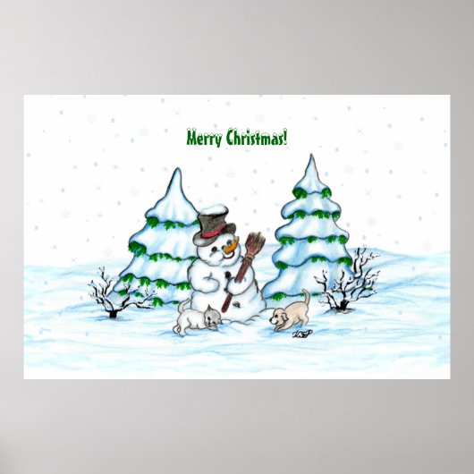 Vrolijk kerstfeest! Snowman met kat en puppy Poster (Voorkant)