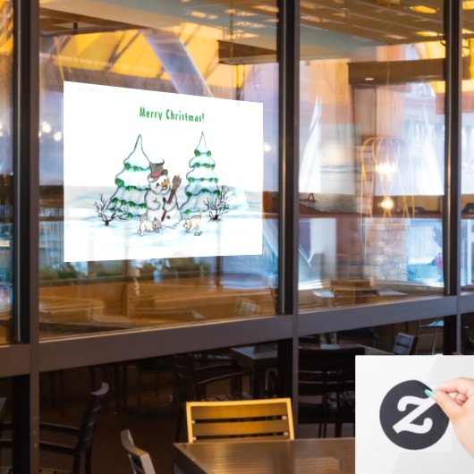 Vrolijk kerstfeest! Snowman met kat en puppy Raamsticker (Restaurant Raam)