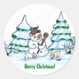 Vrolijk kerstfeest! Snowman met kat en puppy Ronde Sticker
