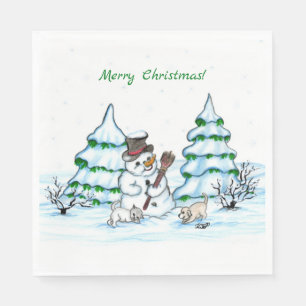 Vrolijk kerstfeest! Snowman met kat en puppy Servet
