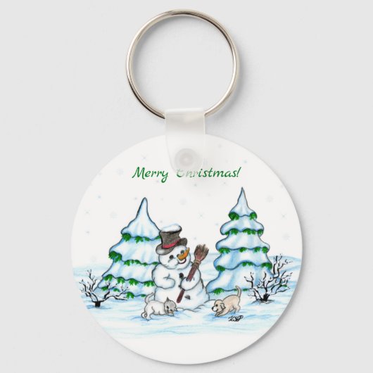 Vrolijk kerstfeest! Snowman met kat en puppy Sleutelhanger (Voorkant)