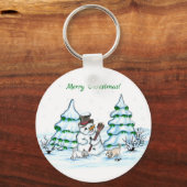 Vrolijk kerstfeest! Snowman met kat en puppy Sleutelhanger (Voorkant)