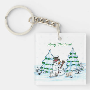 Vrolijk kerstfeest! Snowman met kat en puppy Sleutelhanger