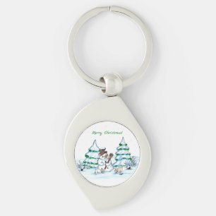 Vrolijk kerstfeest! Snowman met kat en puppy Sleutelhanger
