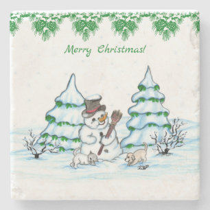 Vrolijk kerstfeest! Snowman met kat en puppy Stenen Onderzetter