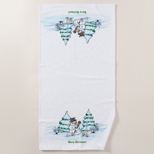 Vrolijk kerstfeest! Snowman met kat en puppy Strandlaken (Voorkant)