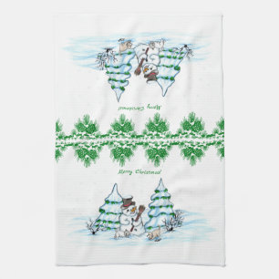 Vrolijk kerstfeest! Snowman met kat en puppy Theedoek