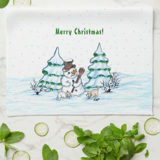 Vrolijk kerstfeest! Snowman met kat en puppy Theedoek (Gevouwen)