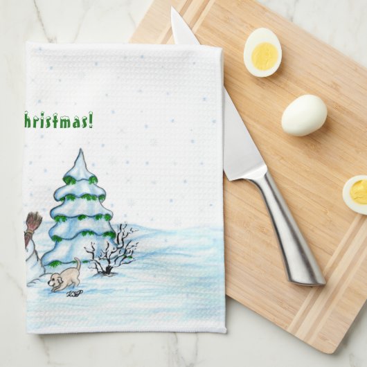 Vrolijk kerstfeest! Snowman met kat en puppy Theedoek (Quarter Fold)