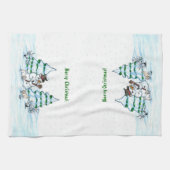 Vrolijk kerstfeest! Snowman met kat en puppy Theedoek (Horizontaal)