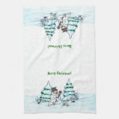 Vrolijk kerstfeest! Snowman met kat en puppy Theedoek (Verticaal)