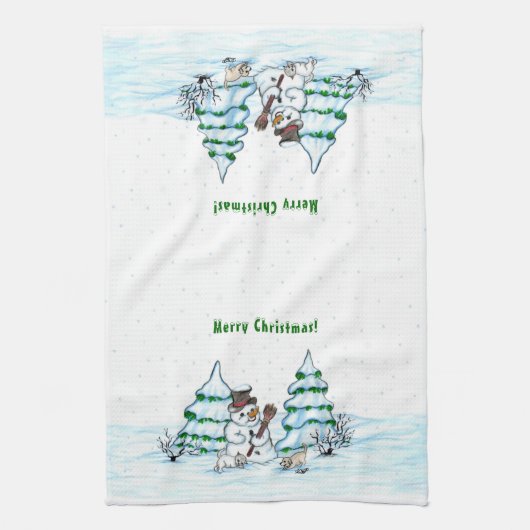 Vrolijk kerstfeest! Snowman met kat en puppy Theedoek (Verticaal)