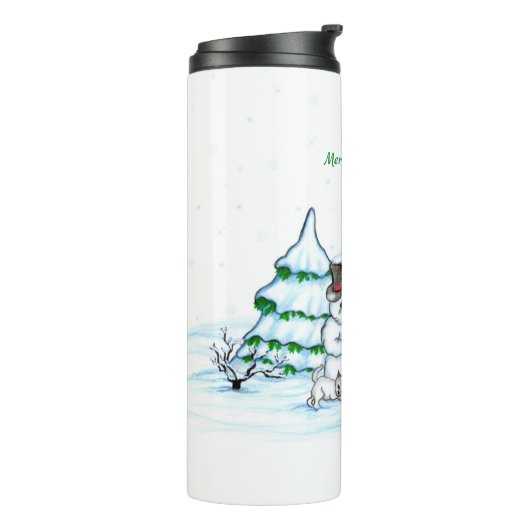 Vrolijk kerstfeest! Snowman met kat en puppy Thermosbeker (Gedraaid links)