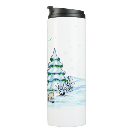 Vrolijk kerstfeest! Snowman met kat en puppy Thermosbeker (Geroteerd rechts)