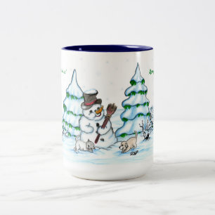 Vrolijk kerstfeest! Snowman met kat en puppy Tweekleurige Koffiemok