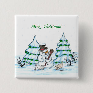 Vrolijk kerstfeest! Snowman met kat en puppy Vierkante Button 5,1 Cm
