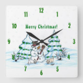 Vrolijk kerstfeest! Snowman met kat en puppy Vierkante Klok (Voorkant)