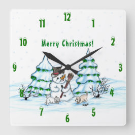 Vrolijk kerstfeest! Snowman met kat en puppy Vierkante Klok