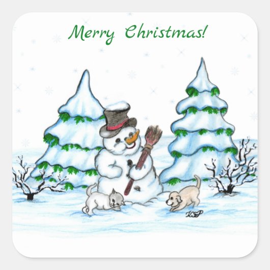 Vrolijk kerstfeest! Snowman met kat en puppy Vierkante Sticker (Voorkant)